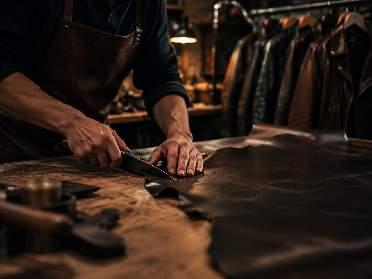 Hands cutting a dark leather hide on a workbench
